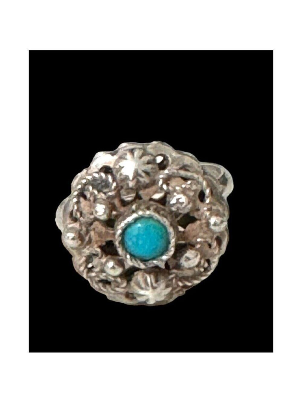 Antique Mexican Sterling Silver Filigree Flower Ring Turquoise Stone Sz 7.75
